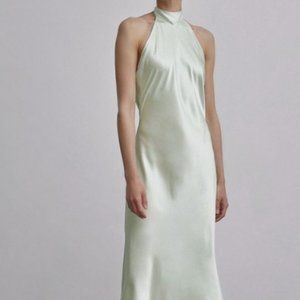 Silk Mason 100% mulberry silk french bow halterneck mint, maxi dress size small